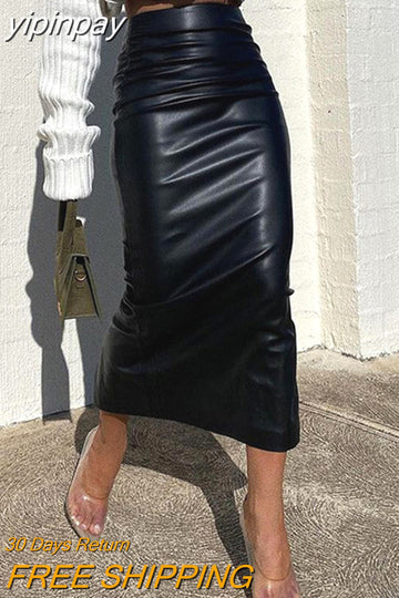 yipinpay 2023 Fashion Women Black White PU Leather Long Skinny Skirt Sexy Club Y2K High Waisted Split Skirt Autumn Winter 2023